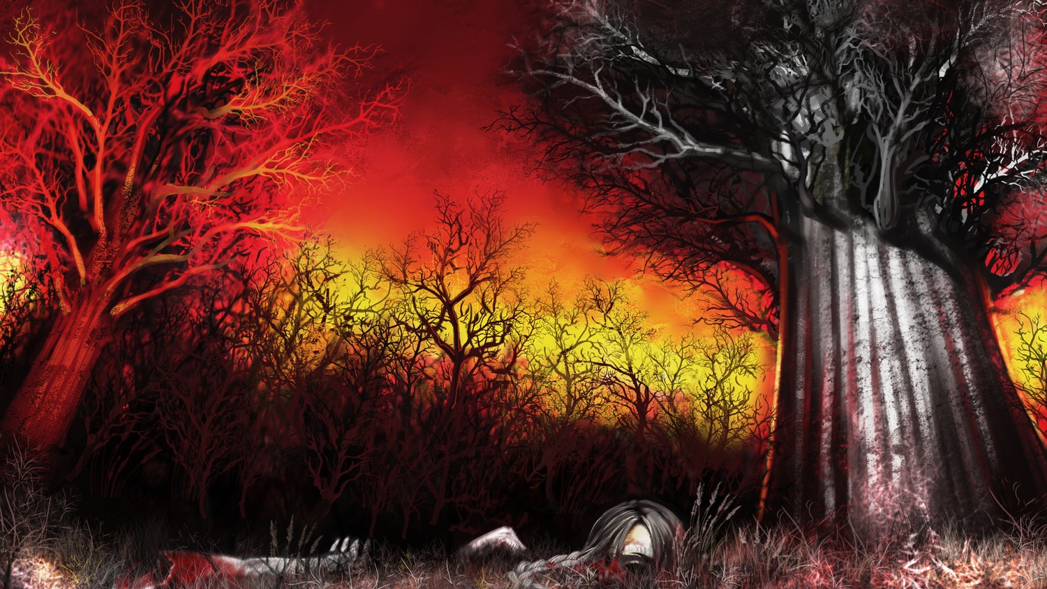 blood corpse creepy dark eroge forest from_below game_cg gore highres outdoors tree