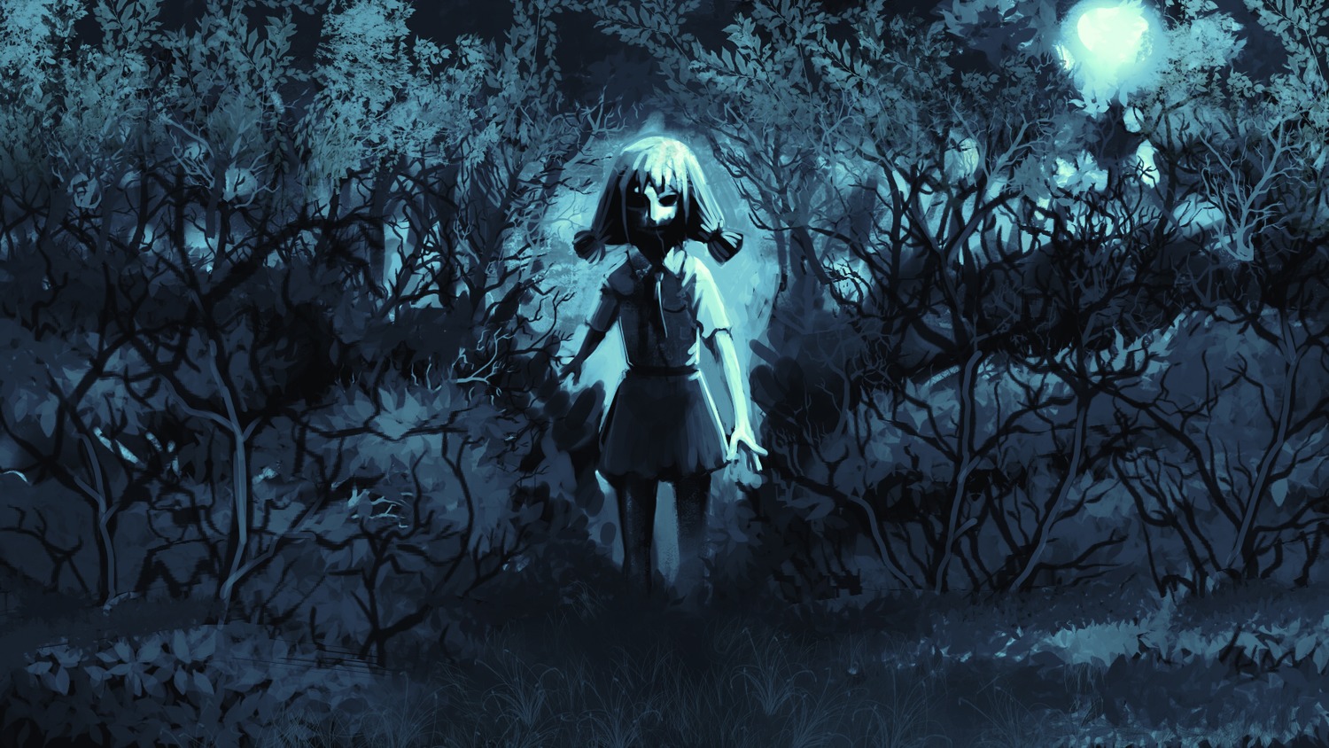 creepy dark eroge forest game_cg highres night outdoors tree twintails ussr-tan