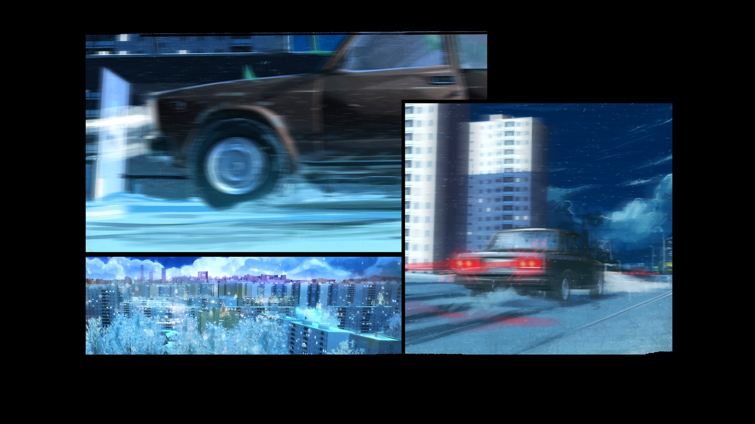 car city cityscape collage eroge highres motion_blur night outdoors road snow winter