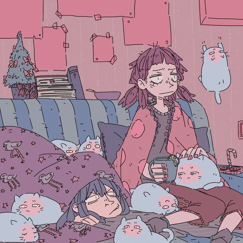 :| 2girls animal bird blanket book cat christmas_tree cirno cup holding indoors lying multiple_girls new_year pillow poster purple_hair sitting sofa star tree twintails unyl-chan