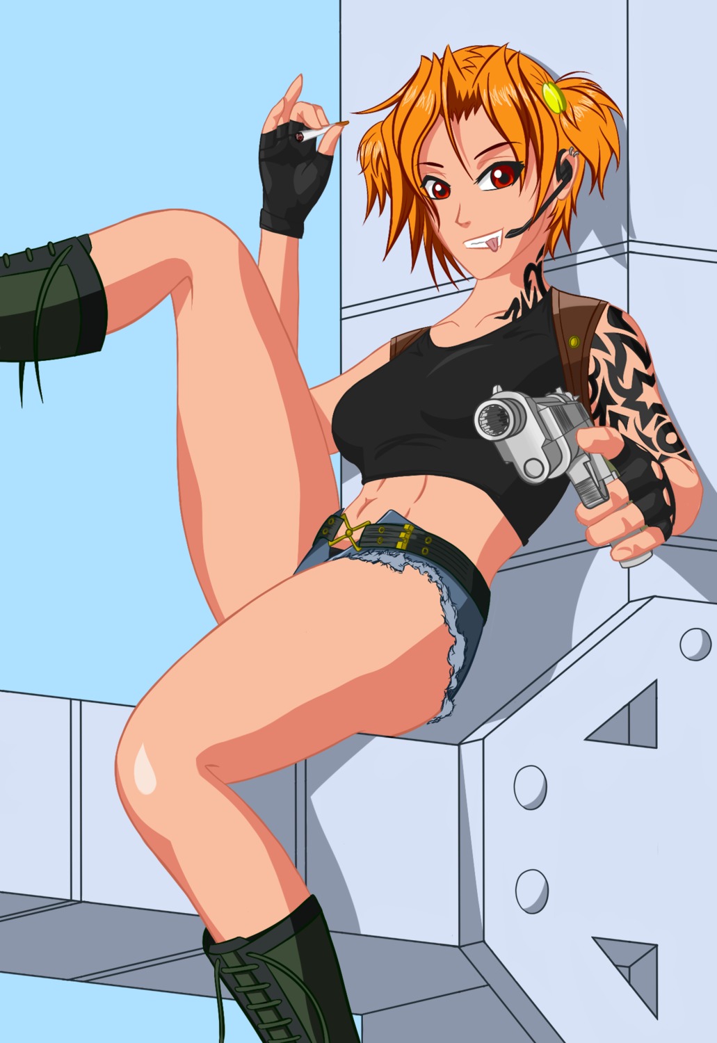 alternative_outfit black_lagoon cigarette cosplay crop_top crossover dvach-tan eroge headset highres orange_hair pistol red_eyes revi shorts tattoo tongue twintails weapon