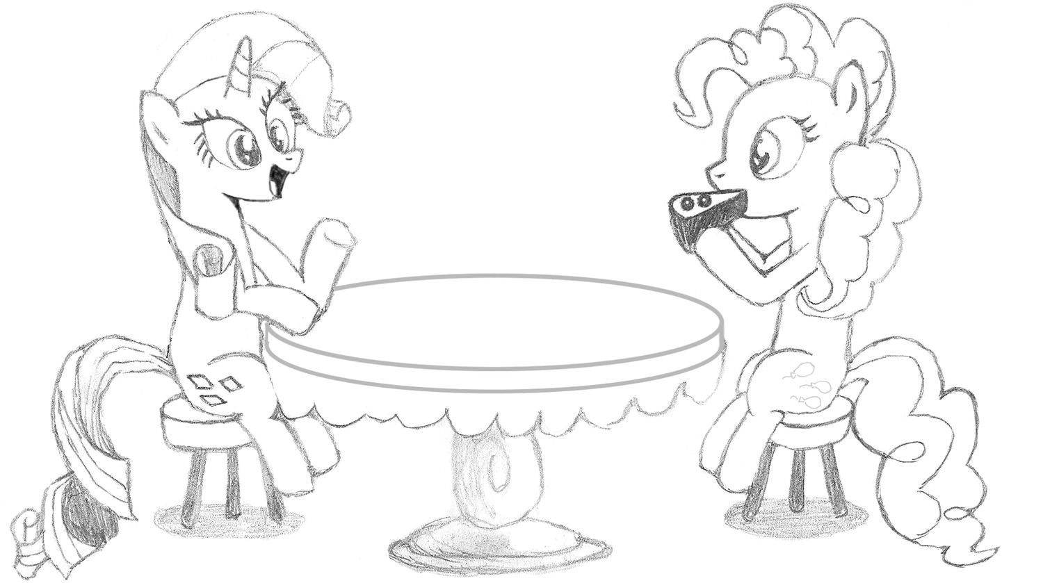 animal /bro/ horns mare monochrome my_little_pony my_little_pony_friendship_is_magic no_humans party pinkamina_diane_pie pinkie pinkie_pie pony rarity shipping simple_background sitting sketch table teapot traditional_media unicorn