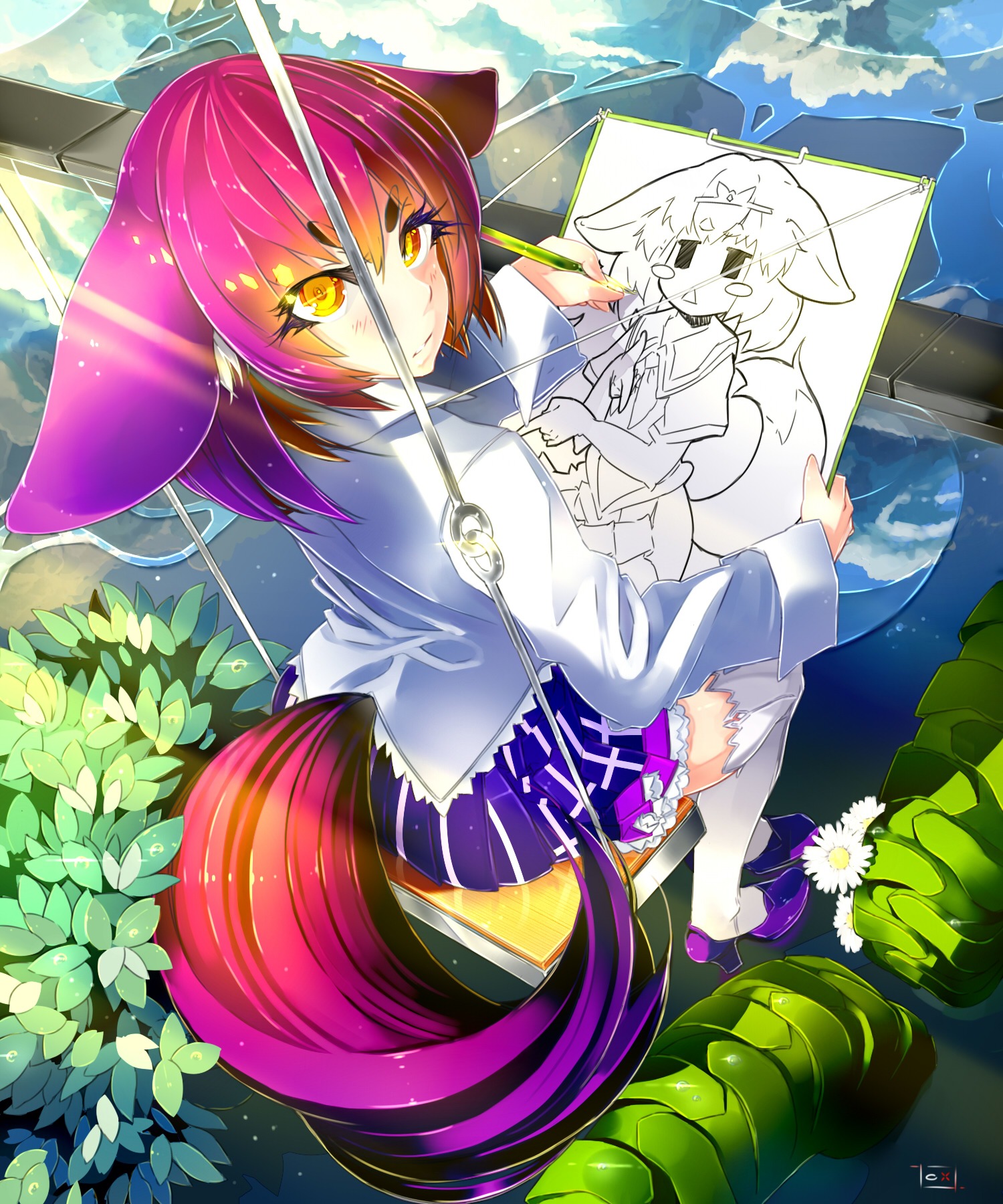 animal_ears drawing flower looking_at_viewer oxykoma_(artist) purple_hair sitting sky tail yellow_eyes