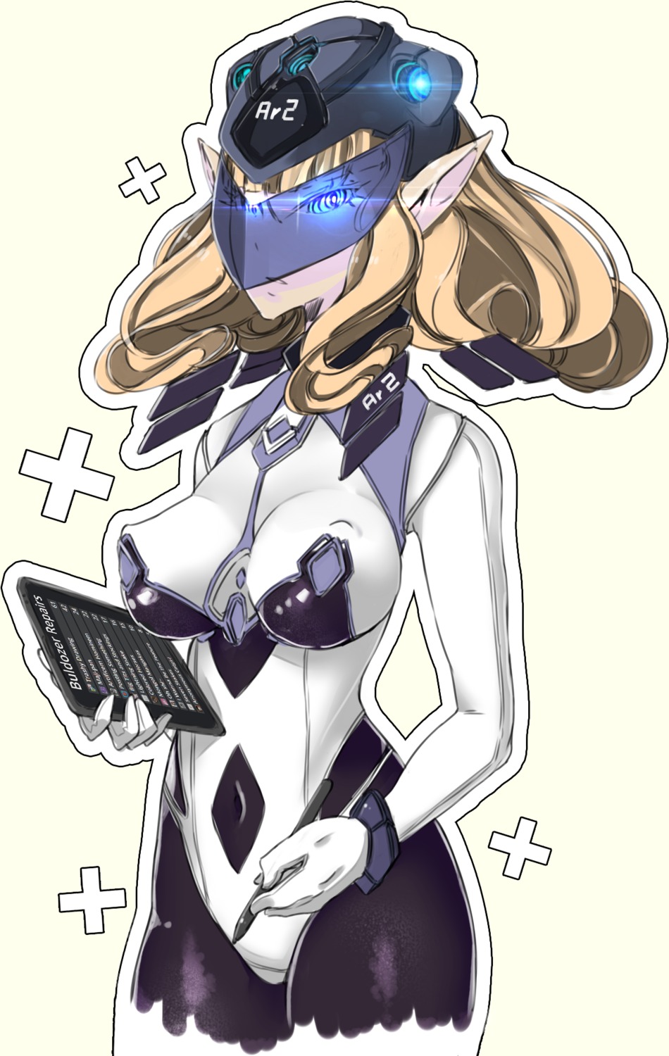 blonde_hair blue_eyes bodysuit breasts glowing_eyes helmet long_hair oxykoma_(artist) pantyhose personification pointy_ears sci-fi simple_background transparent_background visor