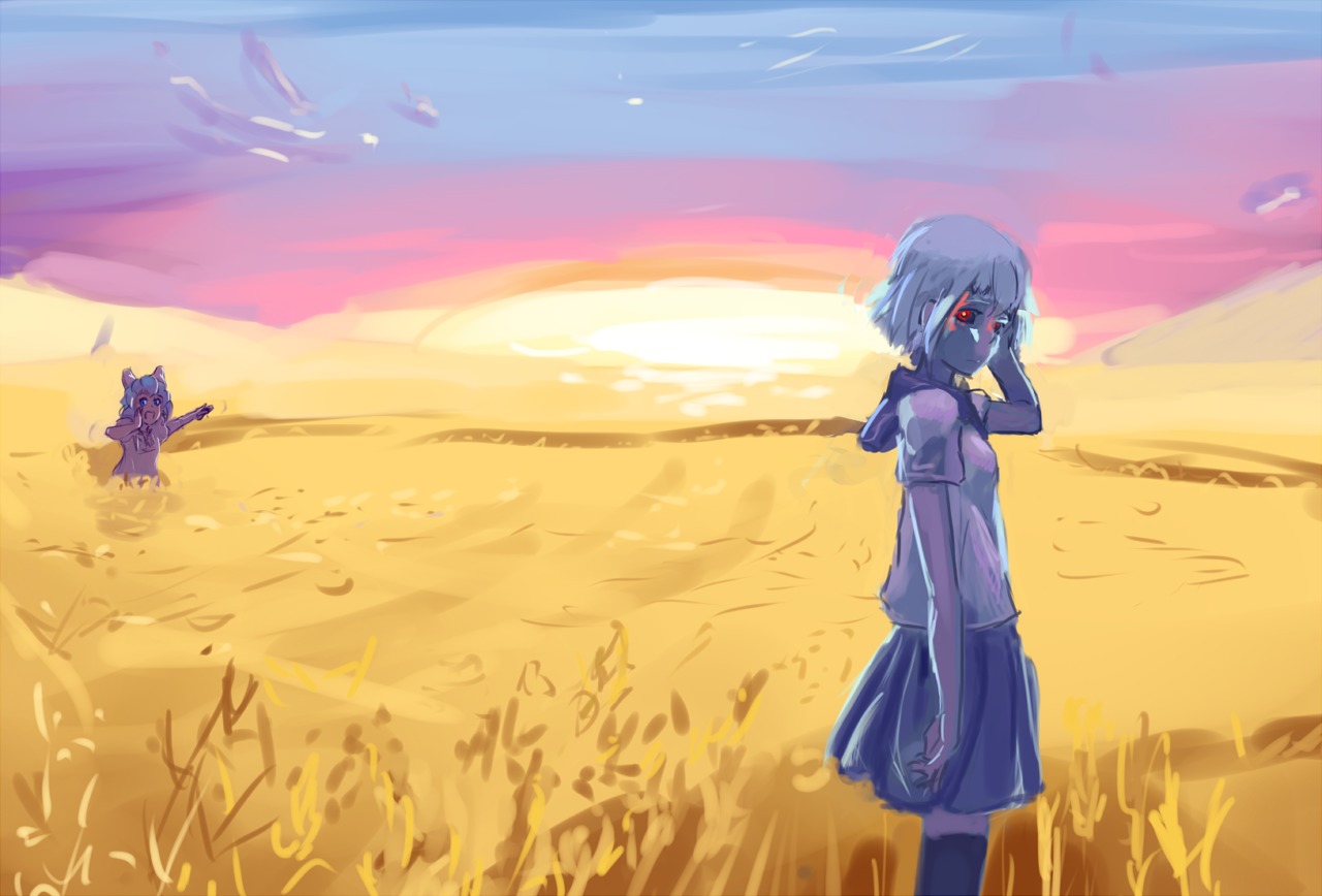 2girls blue_hair character_request cirno dawn field glowing_eyes multiple_girls outdoors red_eyes silver_hair skirt sky tagme thighhighs touhou