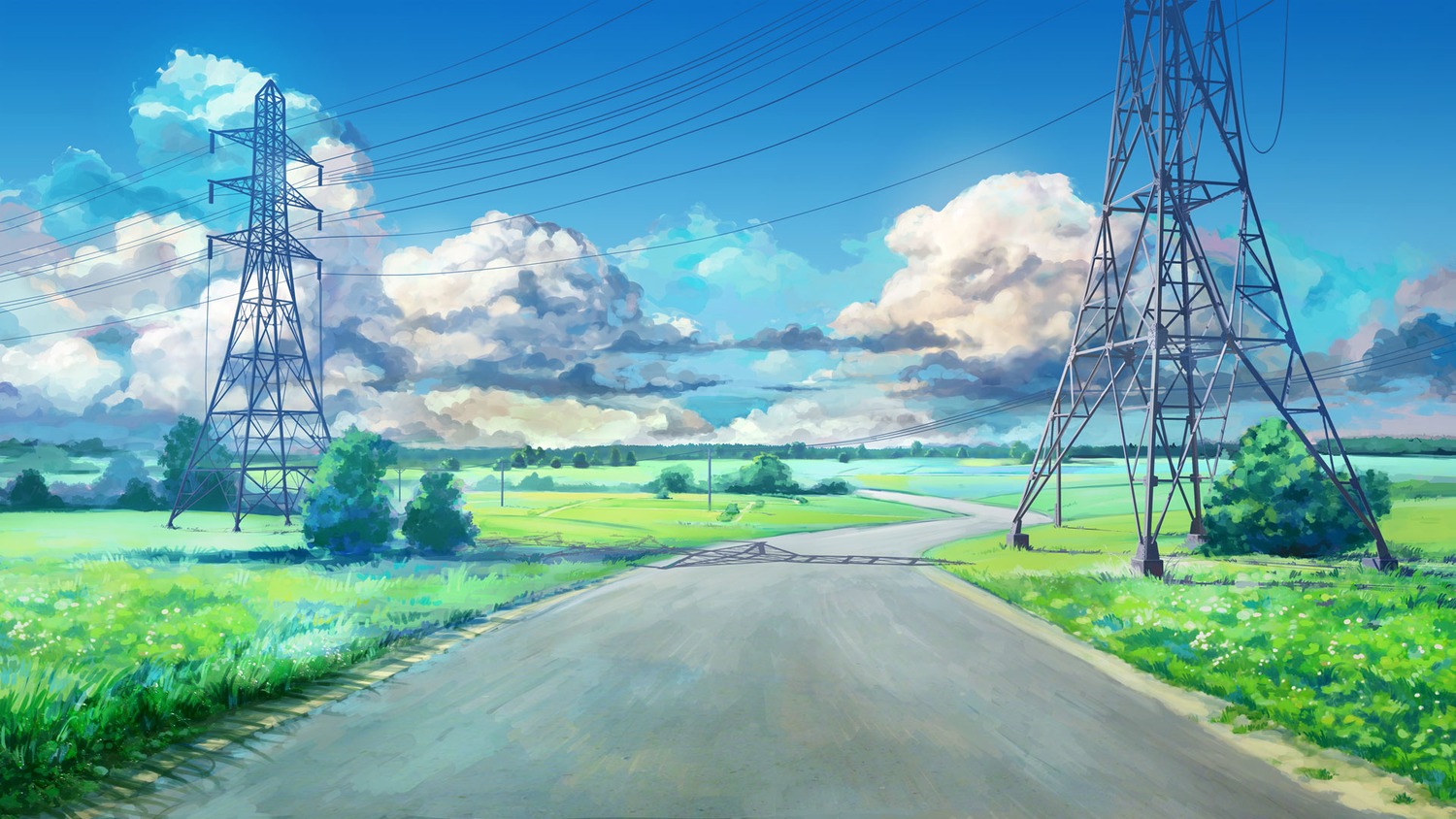 background cloud eroge grass highres no_humans outdoors power_lines road sky summer wire
