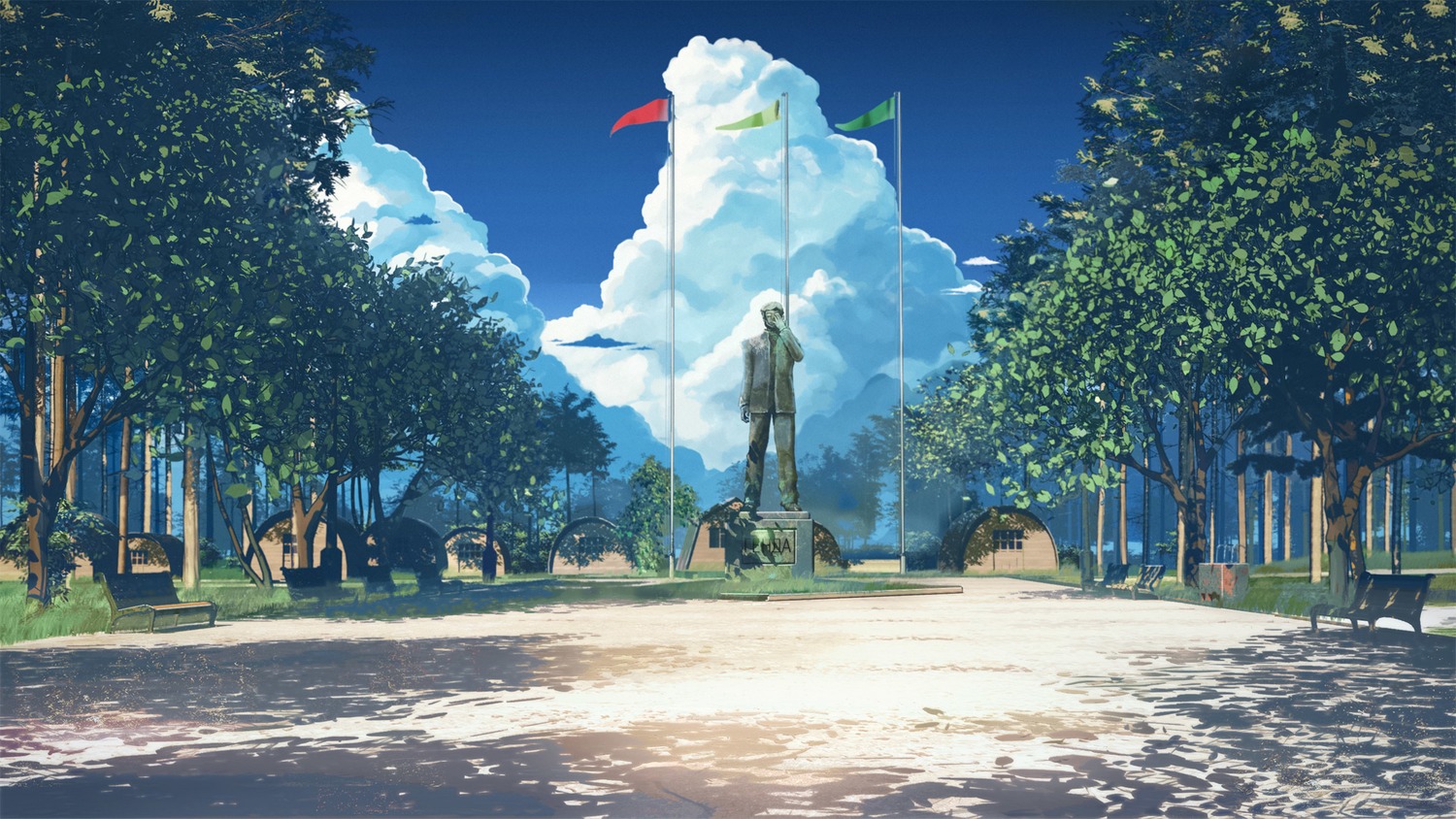 background camp cloud eroge flag highres no_humans outdoors sky square statue summer summer_camp tree