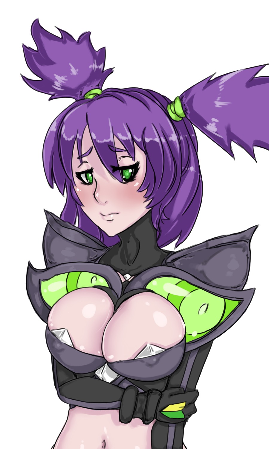 alternate_costume blush breasts cleavage cosplay crossover green_eyes kill_la_kill midriff navel purple_hair revealing_clothes twintails unyl-chan