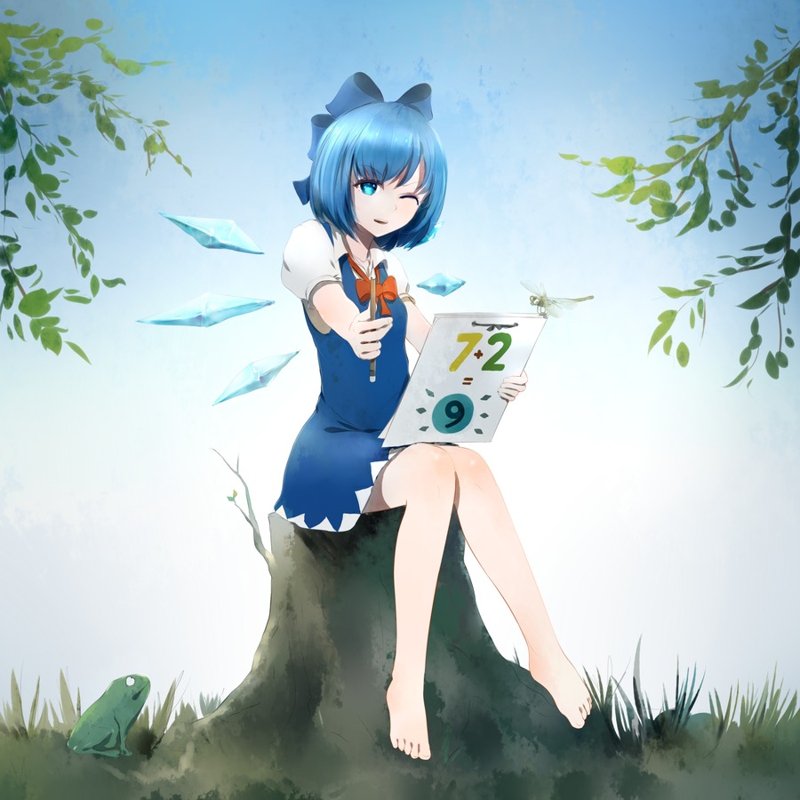 blue_eyes blue_hair bow branch cirno dragonfly frog grass ice insect madskillz_thread_oppic one_eye_closed paper pencil short_hair smile stump tree wings
