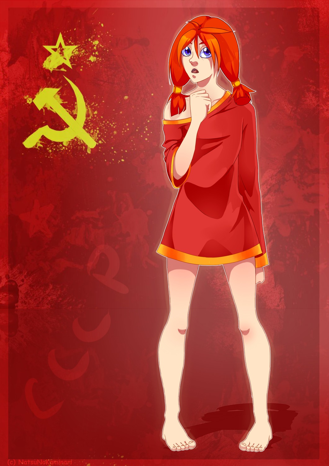 1girl barefoot blue_eyes hammer_and_sickle highres pigeon-toed red_hair shirt solo soviet star t-shirt twintails ussr-tan