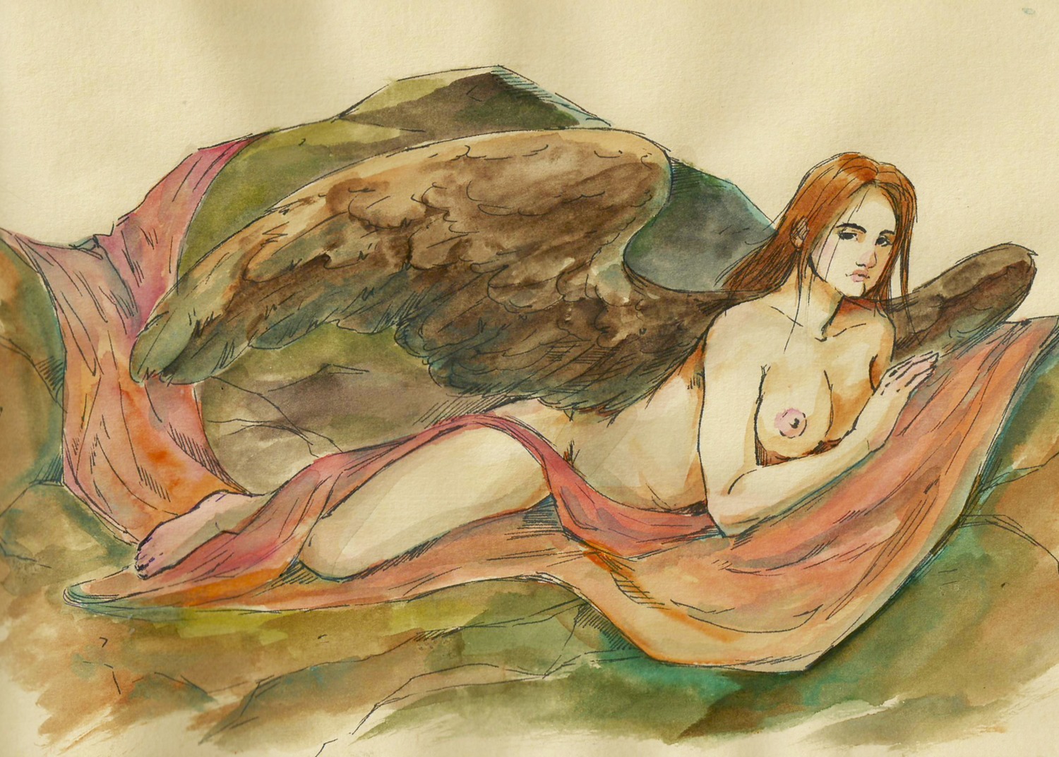 /an/ breasts highres lying nude traditional_media wings