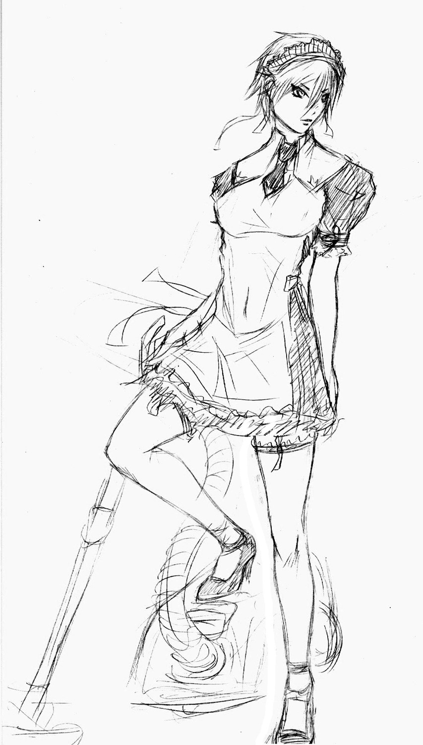 apron dress highres maid maid_headdress maid_outfit monochrome necktie simple_background sketch traditional_media vacuum_cleaner