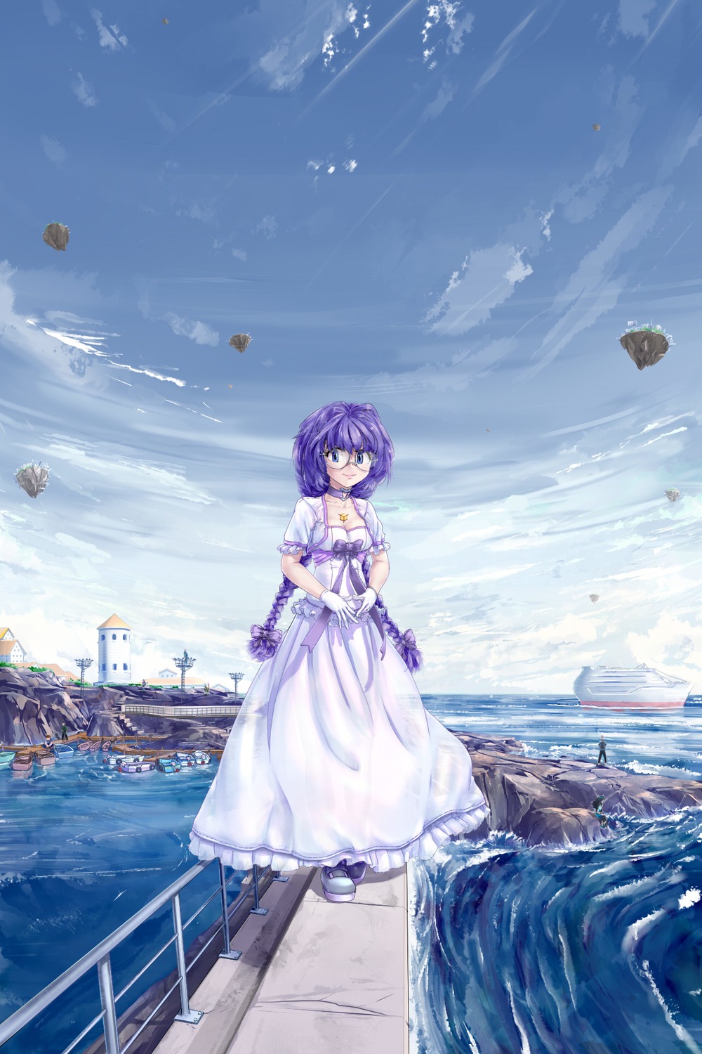 1girl blue_eyes boat bow braid breasts building choker cleavage dress elemental_gelade f2d_(artist) floating_island frills glasses gloves has_child_posts heart highres long_hair ocean outdoors pier purple_hair rock sea ship sky smile solo_focus twin_braids viro virzoeve_eclairouer water
