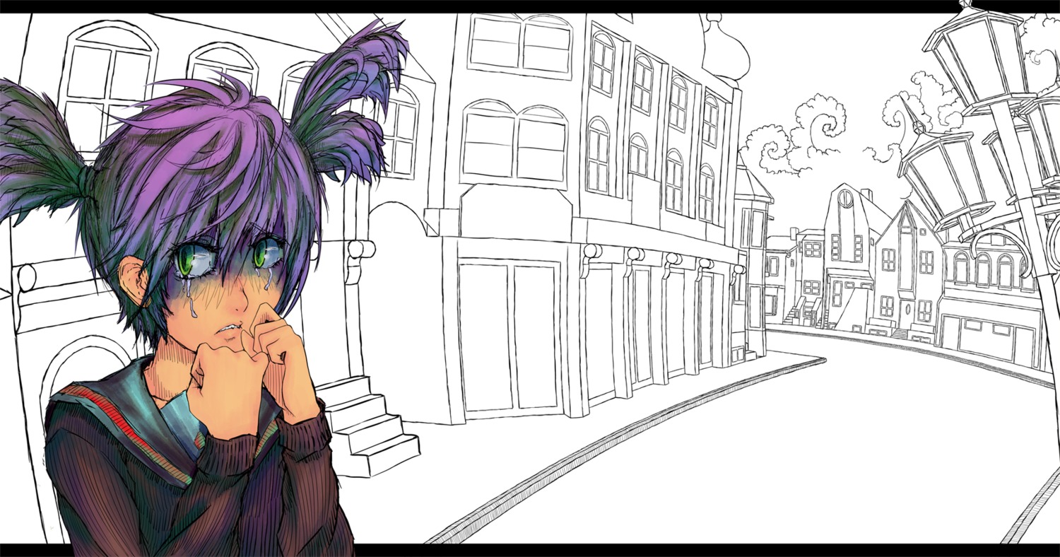 green_eyes purple_hair scared street tears twintails unyl-chan
