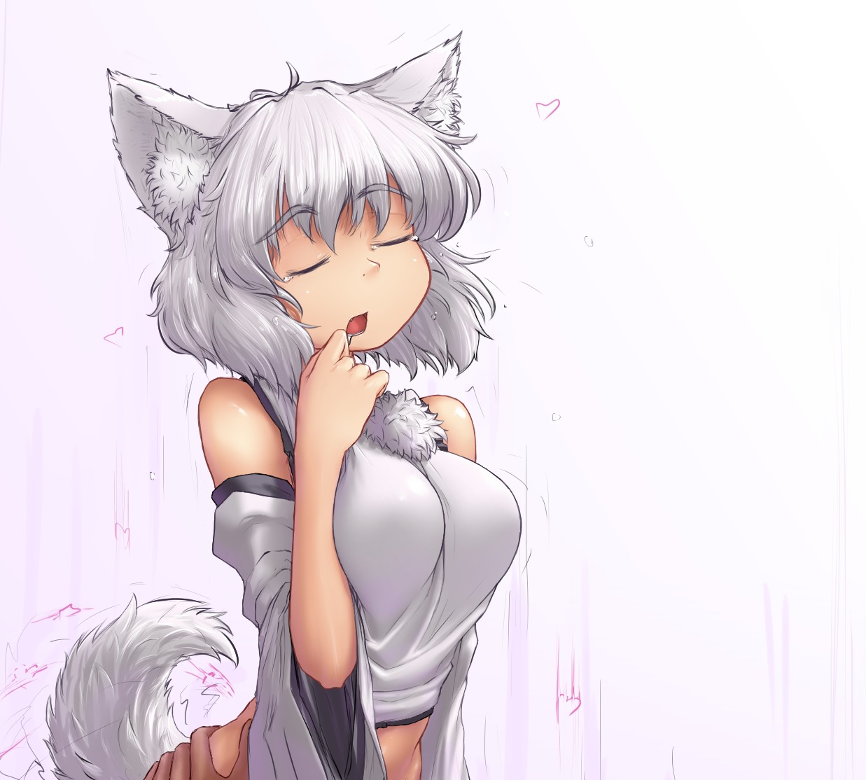 animal_ears breasts closed_eyes detached_sleeves grey_hair hater_(artist) heart inubashiri_momiji open_mouth saliva short_hair tagme tail /to/ touhou white_hair