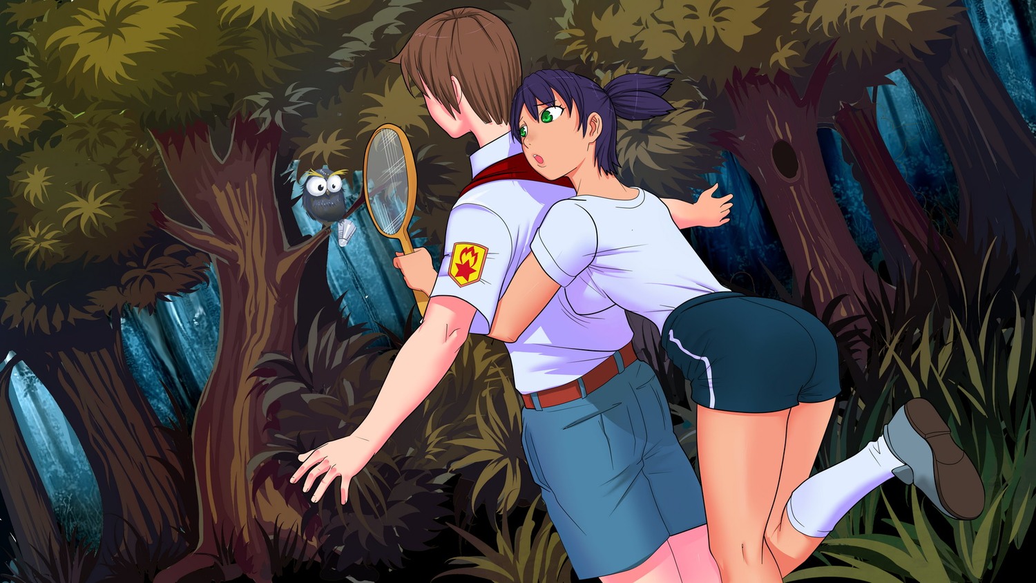 1boy badminton bird breasts brown_hair dutch_angle eroge forest game_cg green_eyes gym_uniform highres nature necktie night outdoors owl pants pioneer pioneer_tie pioneer_uniform possible_duplicate purple_hair racket scared semyon_(character) shirt short_hair shorts spread_arms tree t-shirt twintails unyl-chan