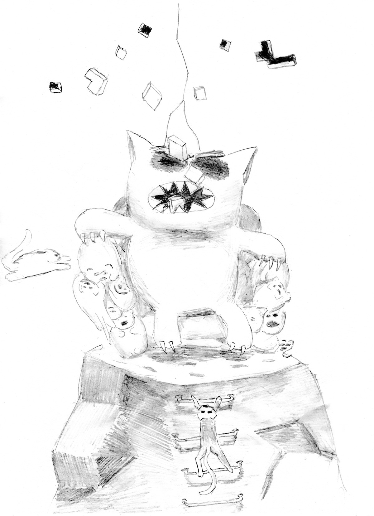 animal bizarre cat highres monochrome no_humans sketch traditional_media zlokot