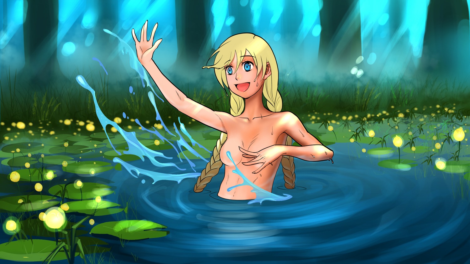 blonde_hair blue_eyes braid breasts eroge forest game_cg highres nature nude outdoors pond slavya-chan twin_braids water wet