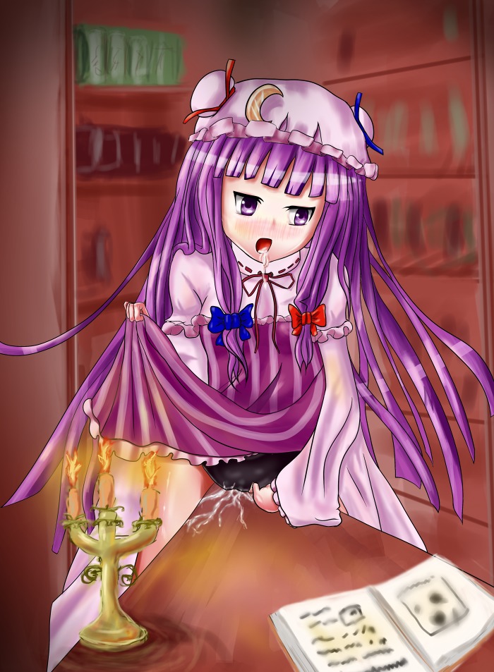 /an/ blush book bow candle hat library long_hair masturbation patchouli_knowledge purple_eyes purple_hair saliva