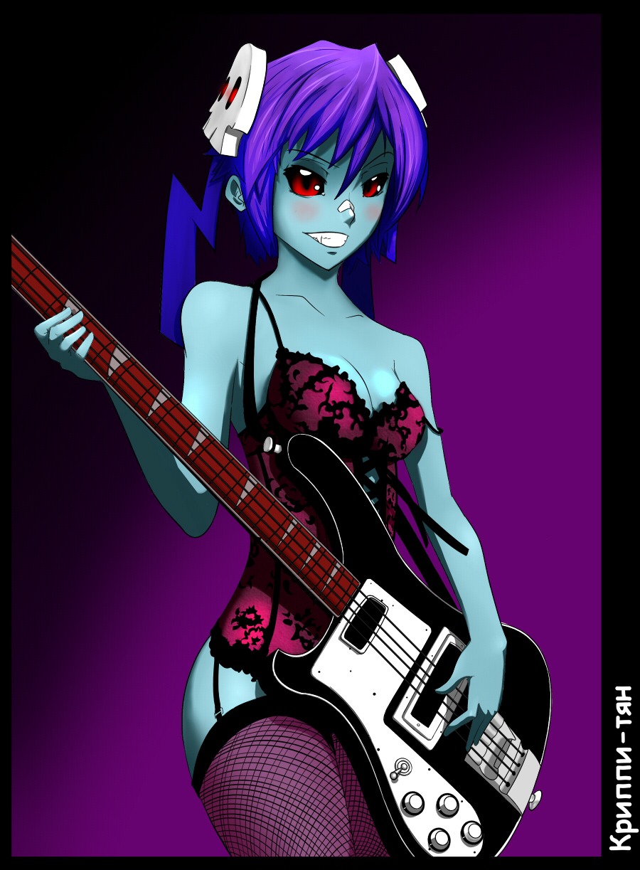 bandaid creepy-chan guitar has_child_posts instrument purple_hair red_eyes simple_background skull smile twintails underwear