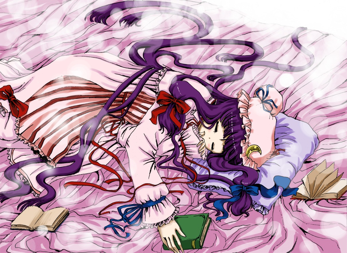 bed blush book bow closed_eyes hat long_hair lying mouth_hold patchouli_knowledge purple_hair sleeping /to/ touhou