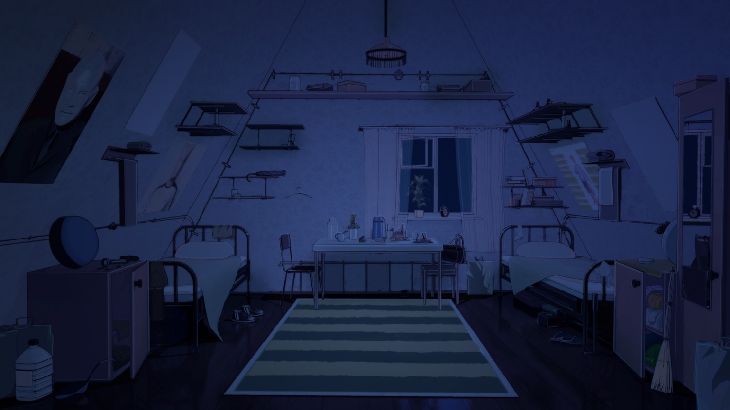 background bed chair dark eroge highres night no_humans poster room table window