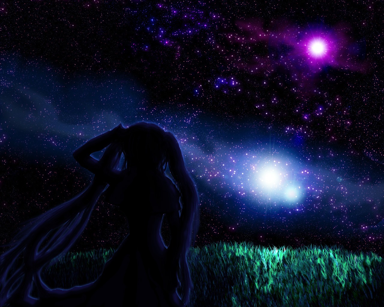 atmospheric grass hatsune_miku long_hair nature night shining silhouette sky star stars tagme twintails vocaloid wallpaper