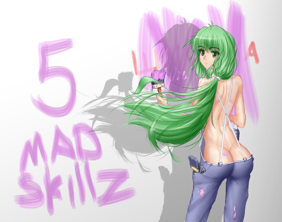 alternate_costume ass brush contemporary from_behind green_eyes green_hair hater_(artist) kochiya_sanae long_hair madskillz_thread_oppic painting /to/ touhou