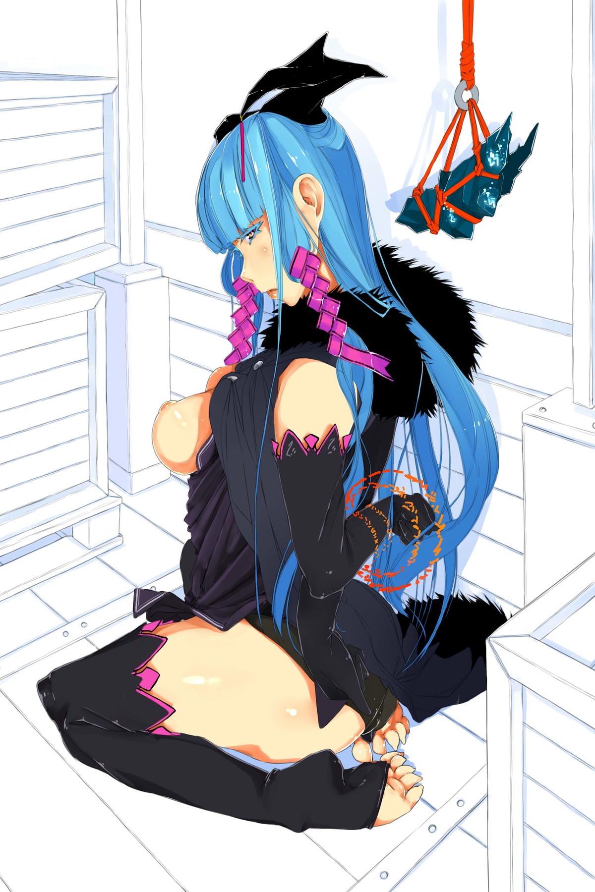 blue_hair breasts elbow_gloves from_behind gloves highres horns long_hair luxuria oxykoma_(artist) sitting