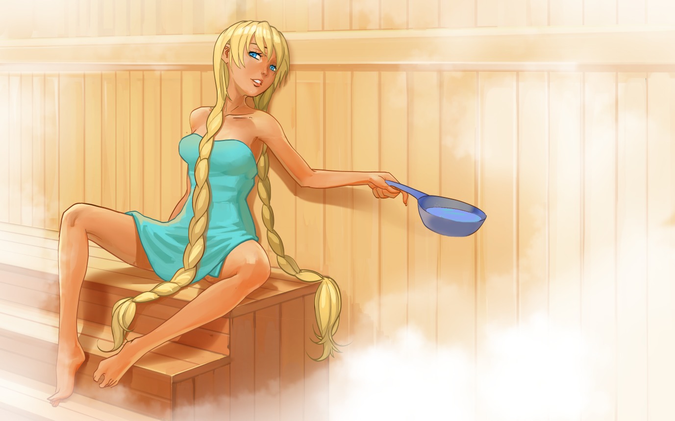 blonde_hair blue_eyes braid long_hair naked_towel sauna sitting slavya-chan smolev_(artist) steam towel twin_braids