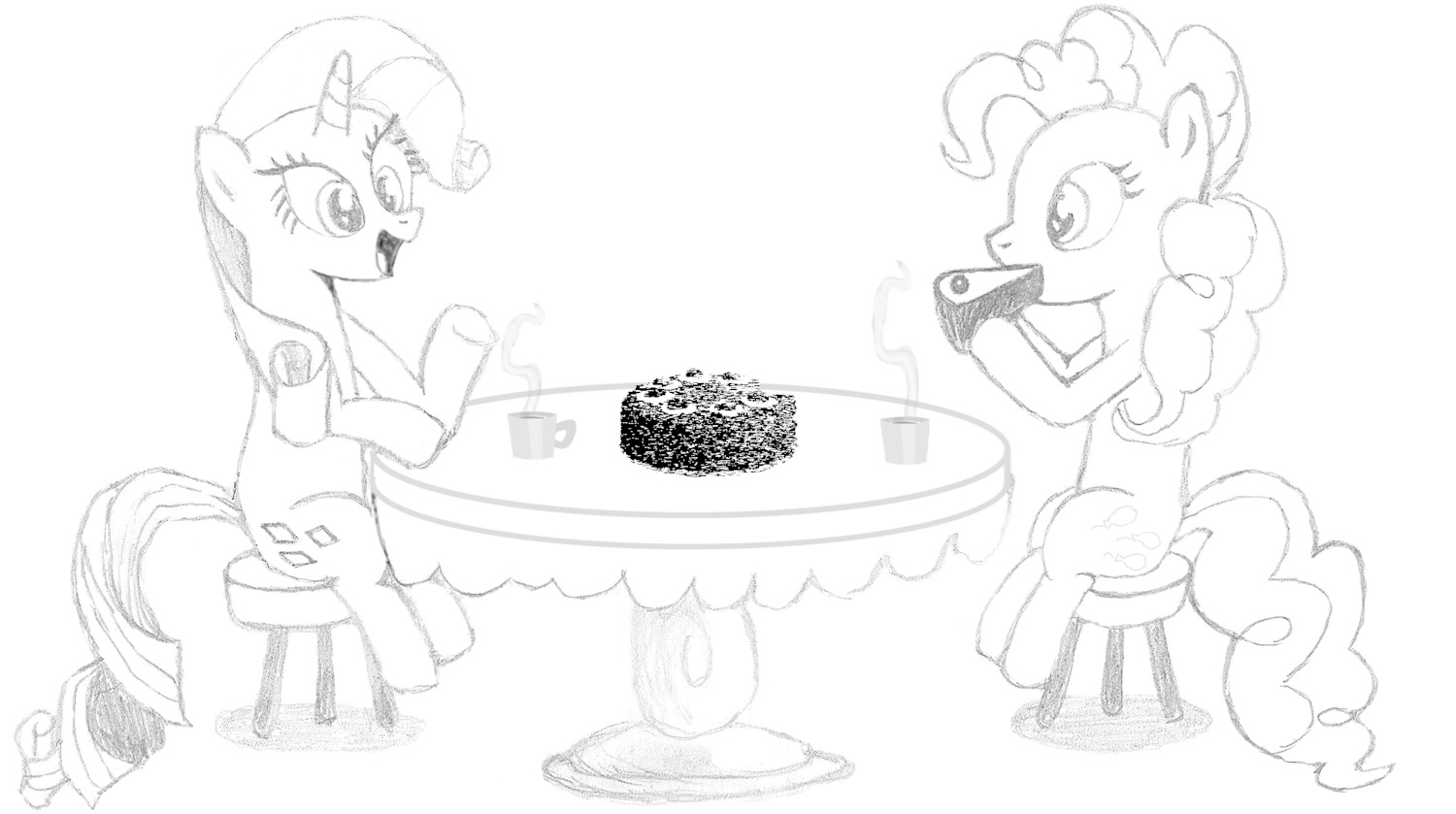 animal /bro/ has_child_posts horns mare monochrome my_little_pony my_little_pony_friendship_is_magic no_humans party pinkamina_diane_pie pinkie pinkie_pie pony rarity shipping simple_background sitting sketch table teapot traditional_media unicorn