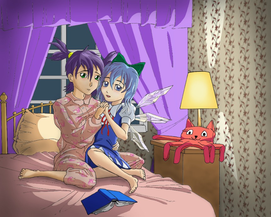 2girls barefoot bed blue_eyes blue_hair book bow cirno dress friends green_eyes holding_hands lamp octocat pajamas pillow plush_toy purple_hair sitting slowpoke touhou twintails unyl-chan window wings