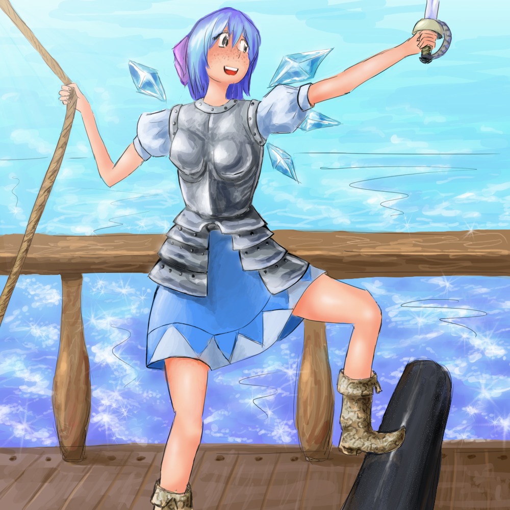 1girl armor blue_hair boots breastplate cirno colored freckles open_mouth pirate rope sabre ship short_hair smile solo touhou water weapon wings