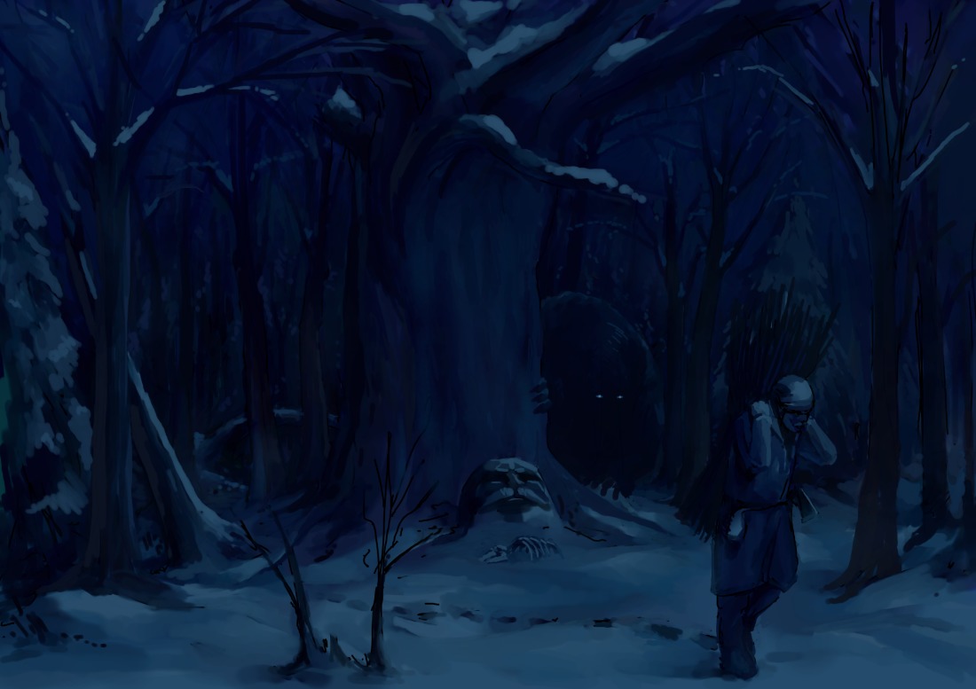 1boy /an/ dark forest glowing_eyes monster night old_man tree winter