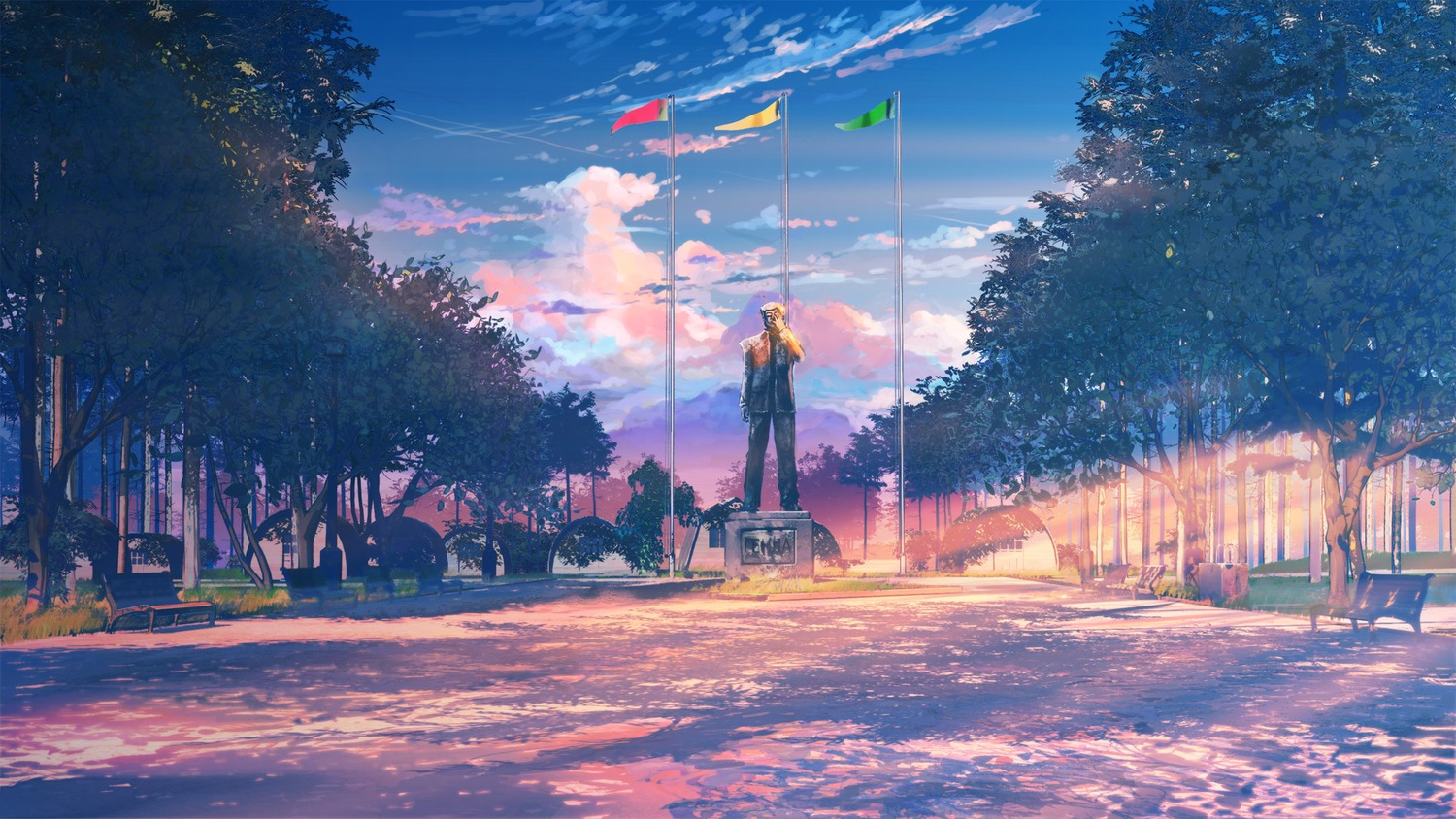 background camp eroge flag highres no_humans outdoors sky square statue summer summer_camp sunset tree