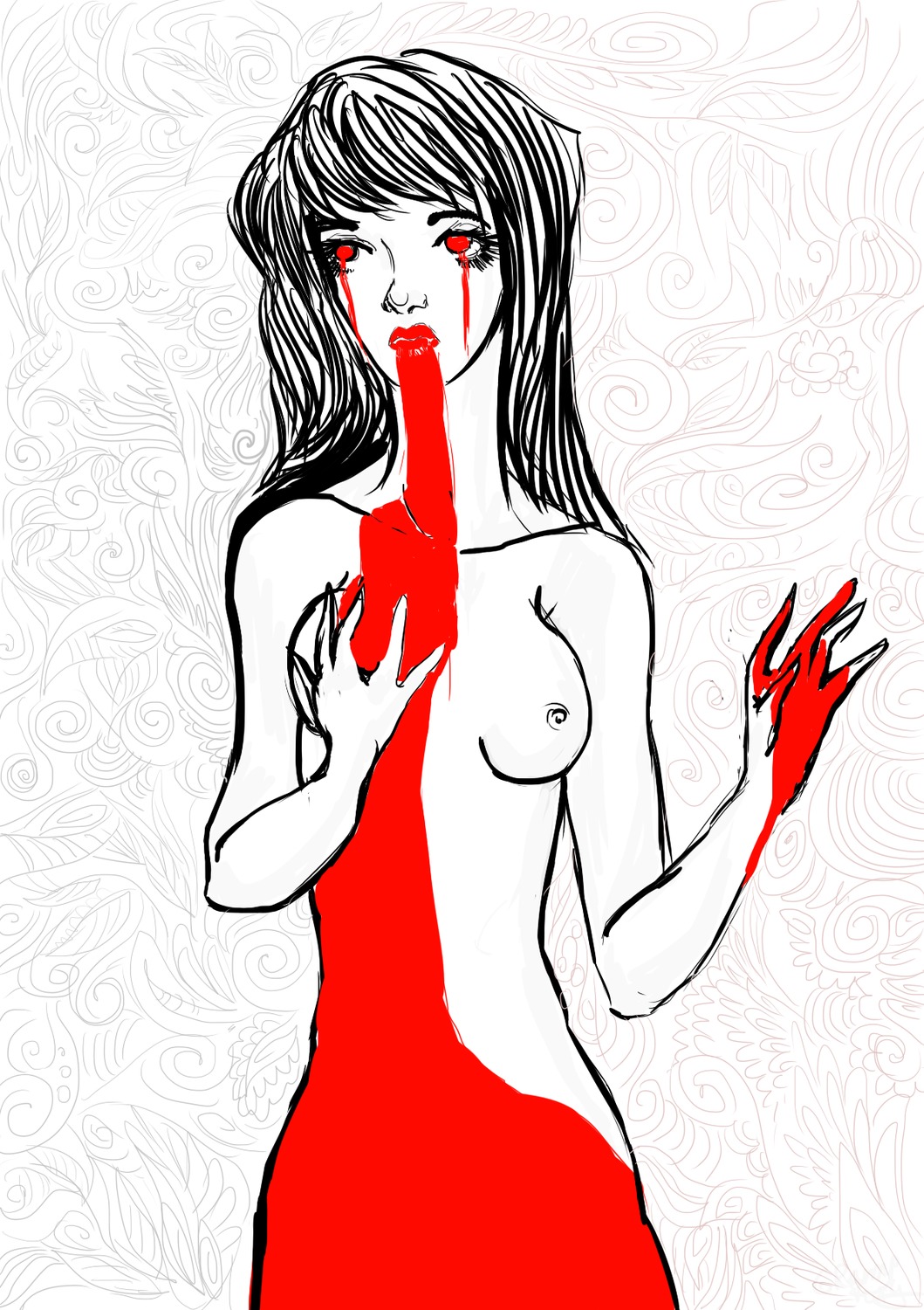 /an/ blood breasts long_hair monochrome nude sketch