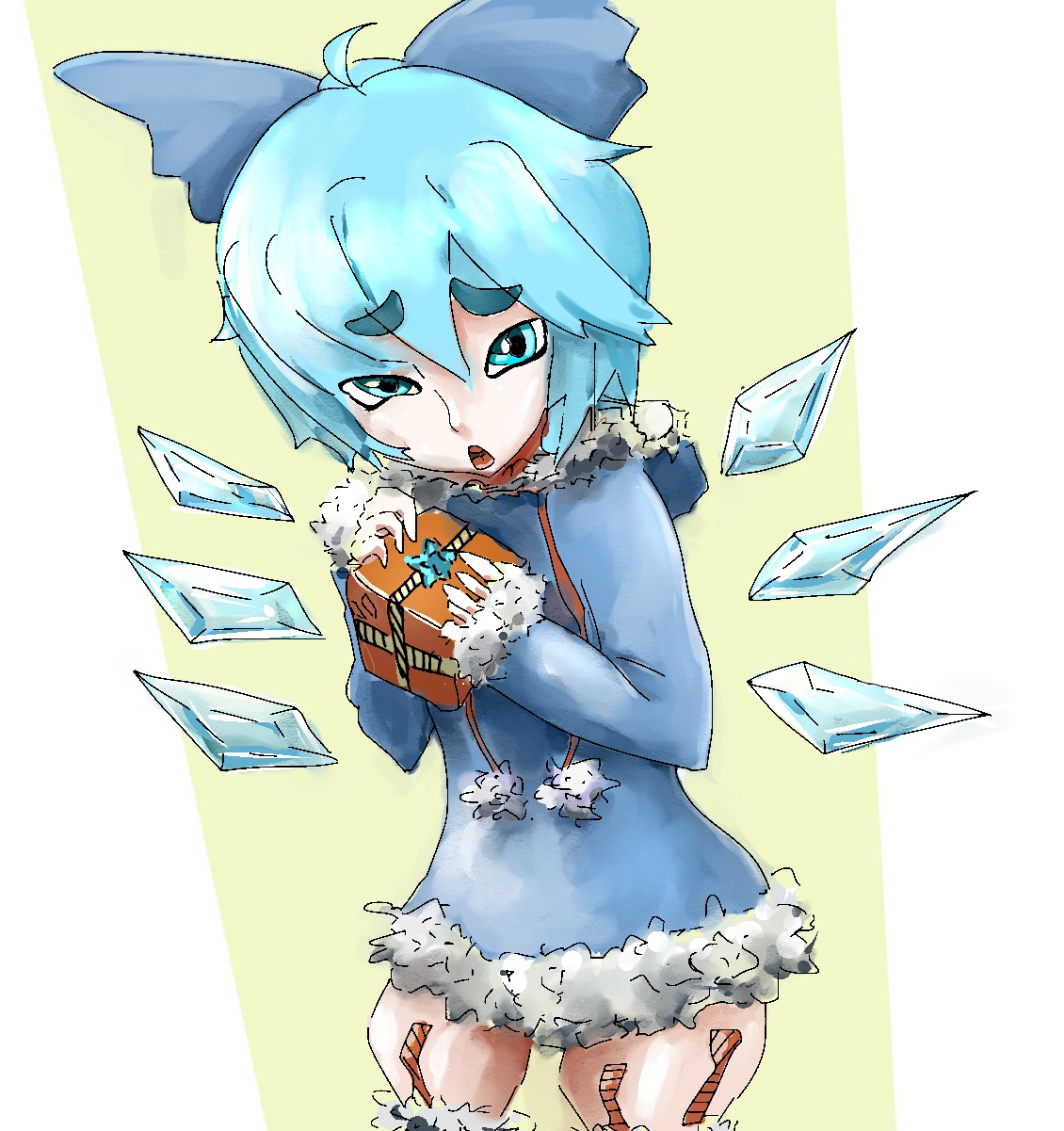 alternate_costume blue_eyes blue_hair bow cirno gift has_child_posts new_year short_hair touhou wings winter_clothes
