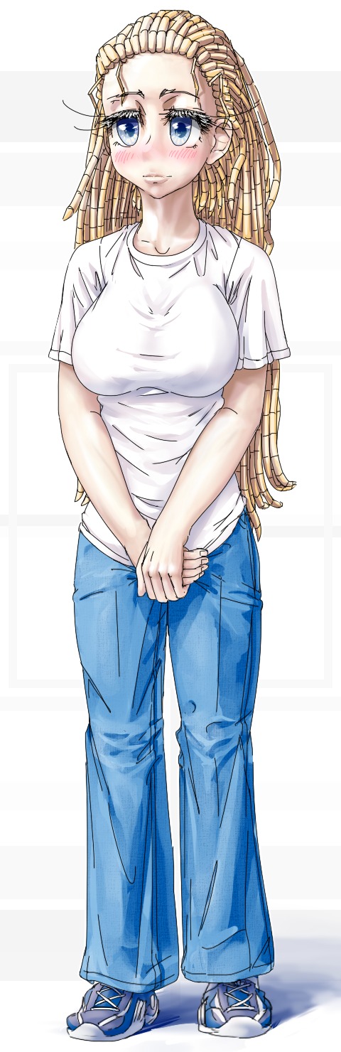 blonde_hair blue_eyes denim dreadlocks f2d_(artist) has_child_posts long_hair muholovka personification shirt t-shirt