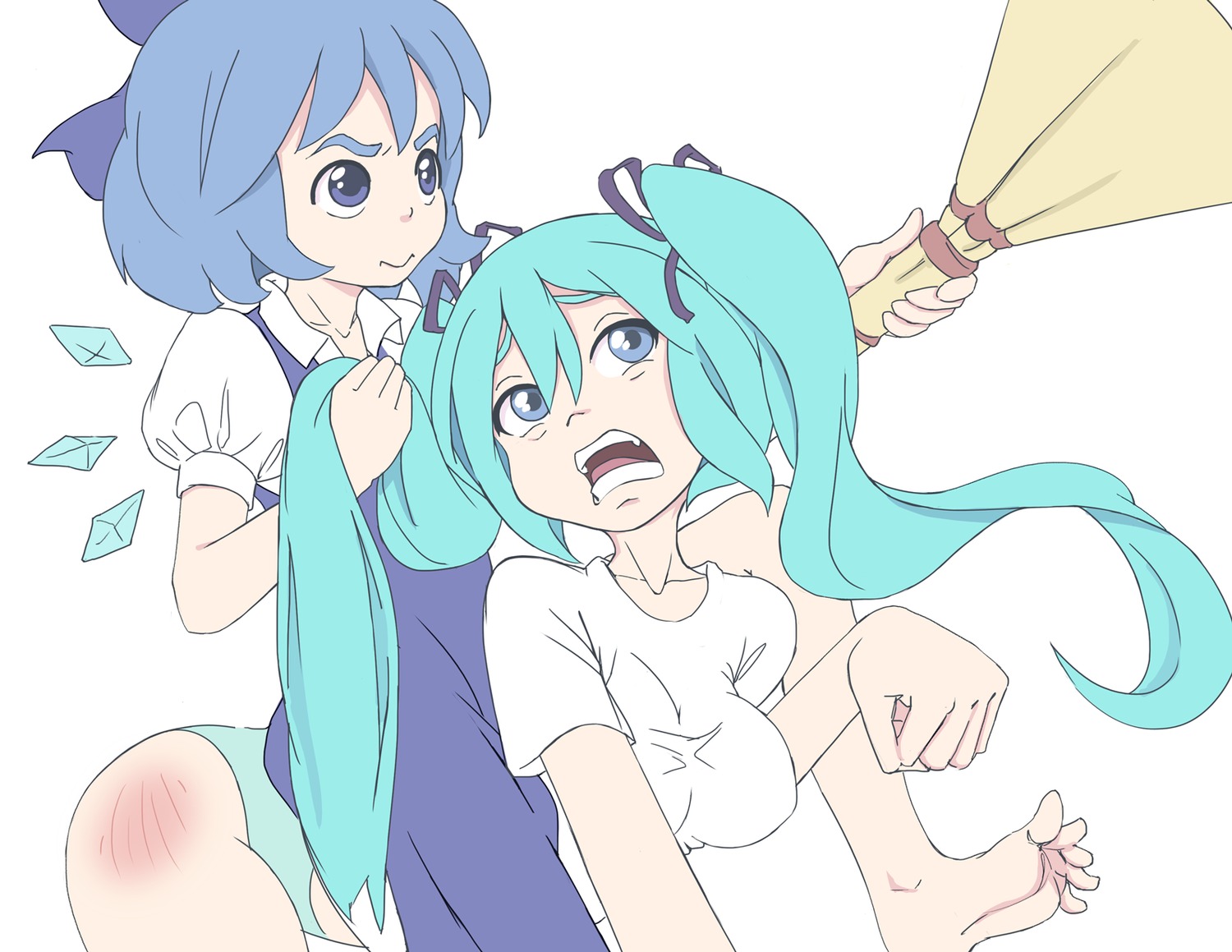 2girls aqua_hair barefoot blue_eyes blue_hair bow cirno crossover dress eyebrows hatsune_miku long_hair open_mouth riding shirt short_hair simple_background touhou t-shirt twintails vocaloid wings