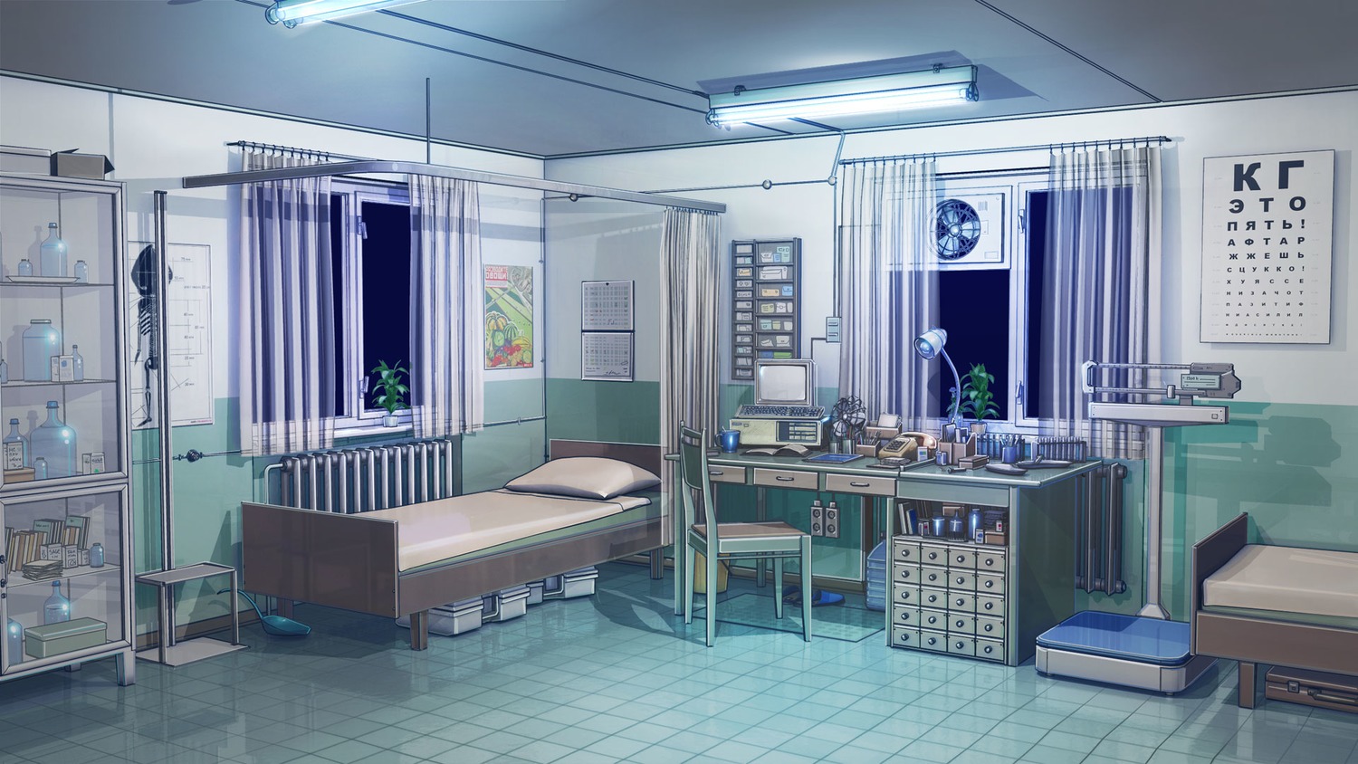 background bed computer curtains eroge highres infirmary night poster russian soviet table