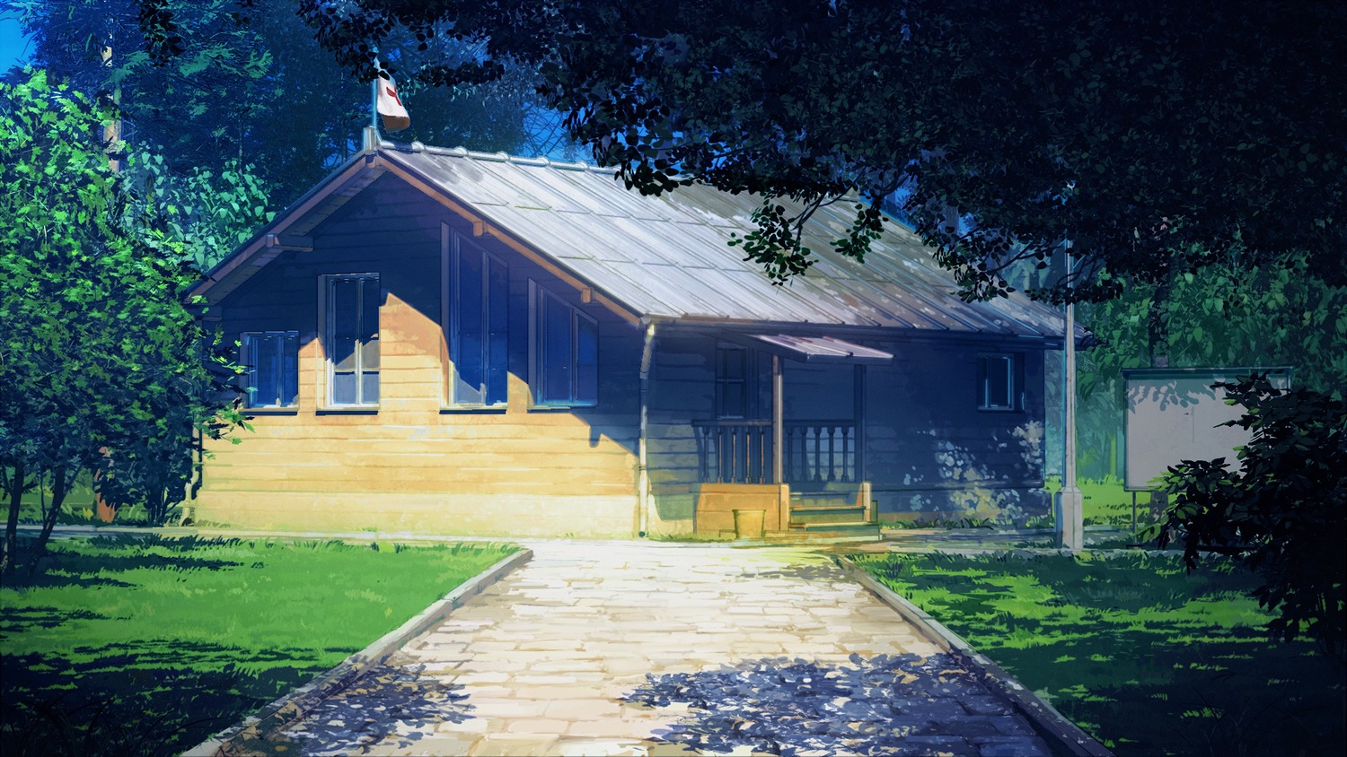 aidpost background eroge highres house no_humans outdoors summer tree