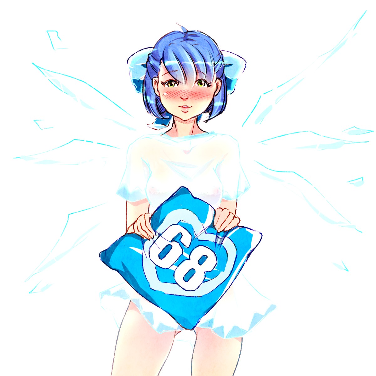 blue_hair blush bow cirno green_eyes ice idleantics_(artist) madskillz_thread_oppic nipples pillow short_hair simple_background smile wings