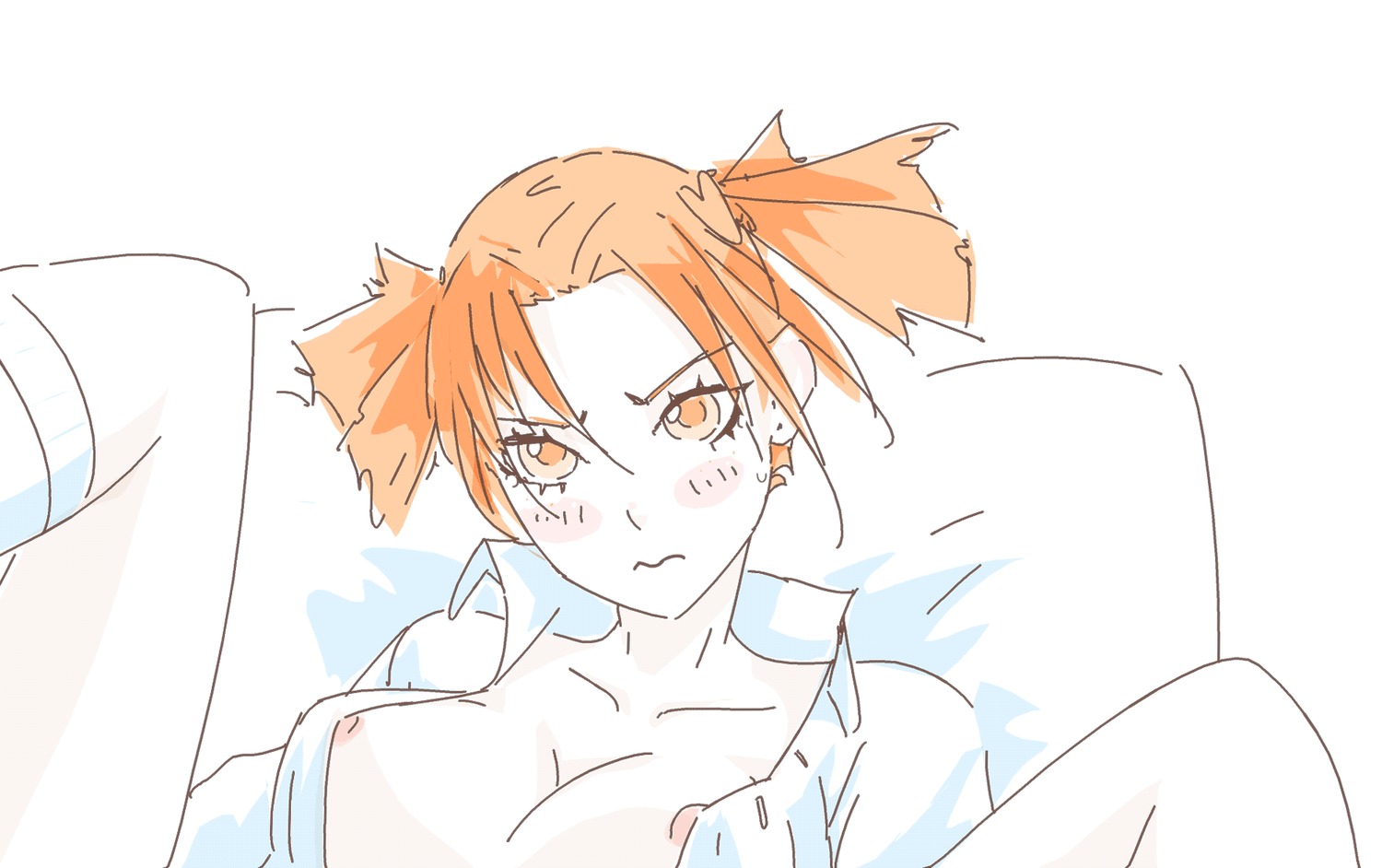 blush breasts dvach-tan embarrassed orange_eyes orange_hair sketch twintails