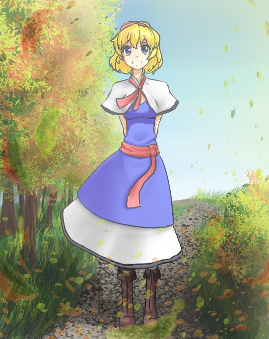 alice_margatroid autumn blonde_hair blue_eyes capelet dress grass hands_behind_back hater_(artist) leaf outdoors short_hair sky smile /to/ touhou tree