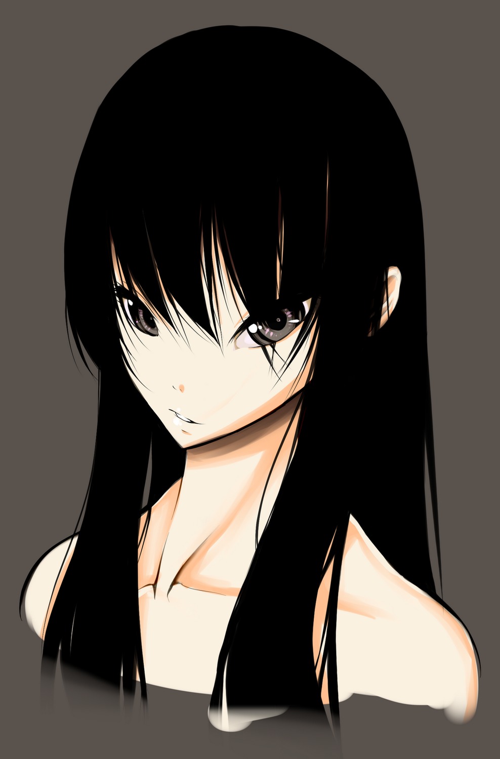 bare_shoulders black_hair brown_eyes has_child_posts long_hair oxykoma_(artist) simple_background