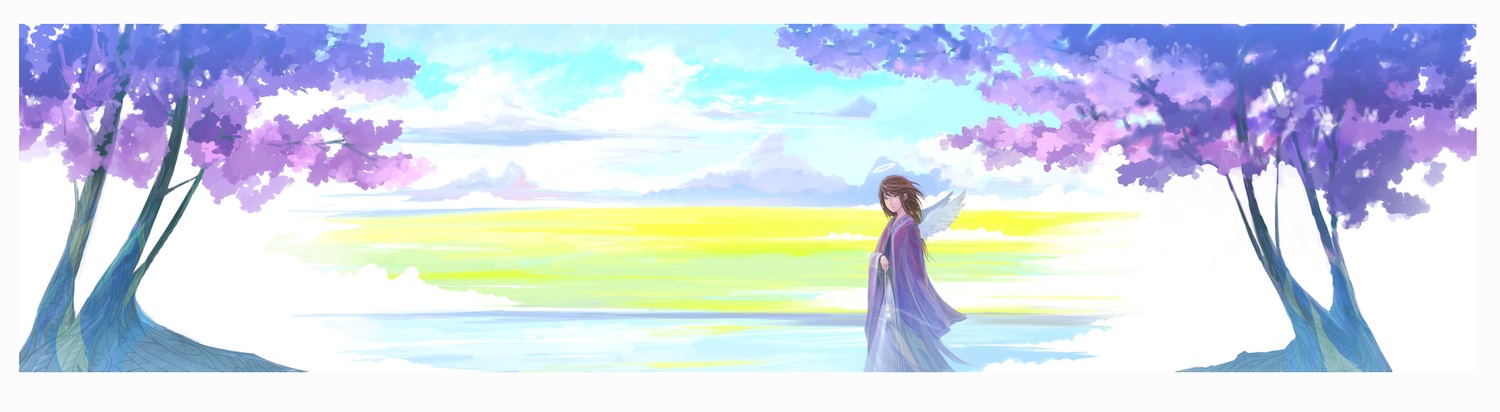 arsenixc_(artist) atmospheric brown_hair character_request cloud haibane_renmei halo nature pendant sky stylish sunset tagme tree wings