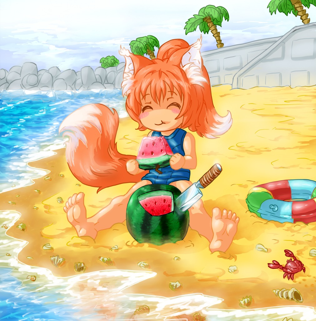 ^_^ 1girl animal_ears bare_hands bare_legs beach blush crab eating fox fox_ears fox_tail has_child_posts knife loli lolifox palm_(tree) pincers ponytail red_hair rubber_ring sand school_swimsuit sea shell solo stone swimsuit tail wall water watermelon