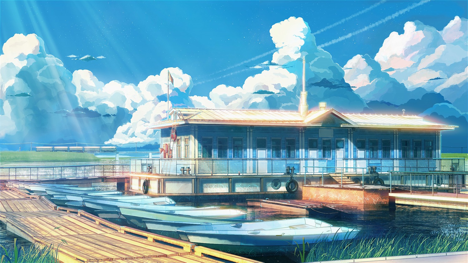 background boat cloud eroge highres house no_humans outdoors sky summer water
