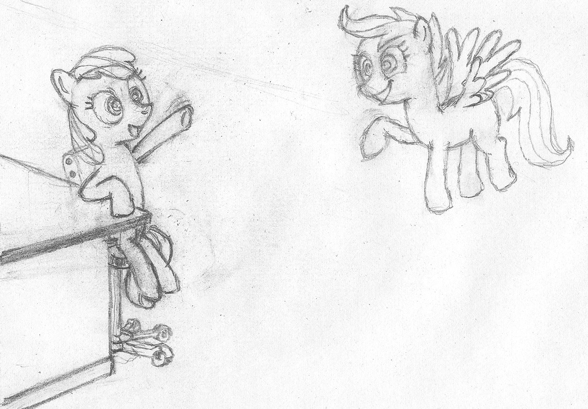 animal apple_bloom /bro/ cmc cutie_mark_crusaders filly has_child_posts mare monochrome my_little_pony my_little_pony:_friendship_is_magic my_little_pony_friendship_is_magic no_humans pegasus pony scootaloo simple_background sitting sketch table traditional_media wings