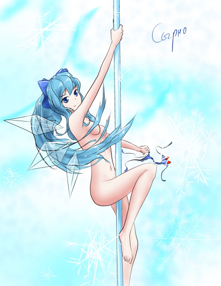 alternate_hairstyle blue_eyes blue_hair bow cirno hater_(artist) long_hair main_page nude panties pole pole_dancing ponytail touhou undressing wings